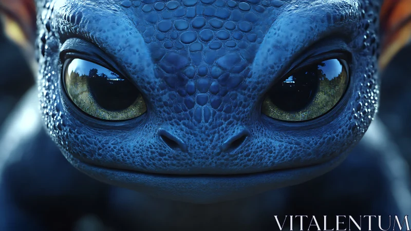 Close-range render of bioluminescent blue draconic hatchling face.