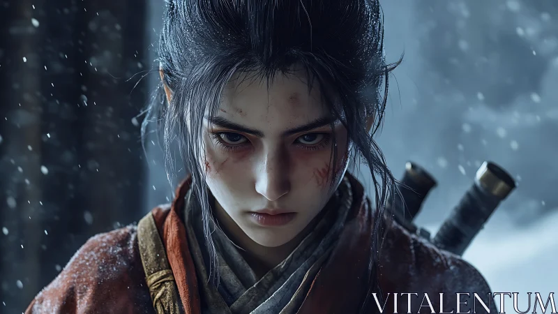 Stoic snow warrior locks gaze under cold falling flakes.