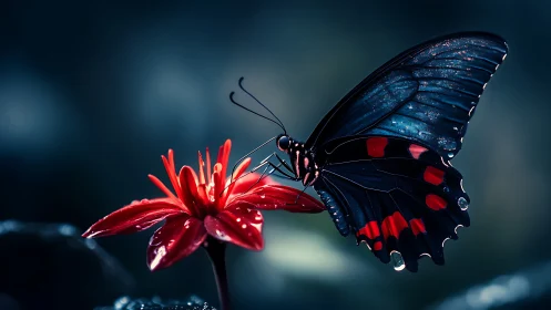 Butterfly rests on vivid red flower in dark macro scene
