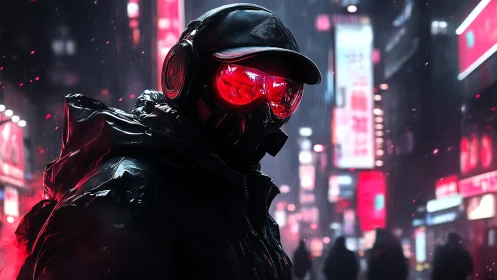 Neon mask sentinel stalks rain slick cyberpunk city night.