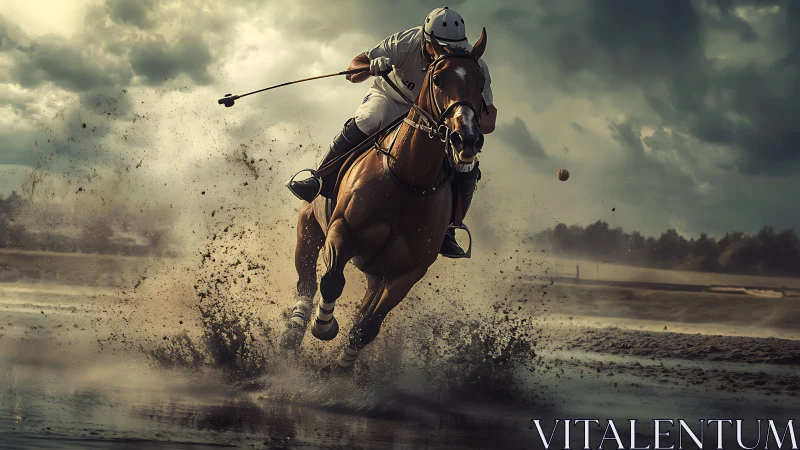 Polo player drives horse forward through wet sand spray