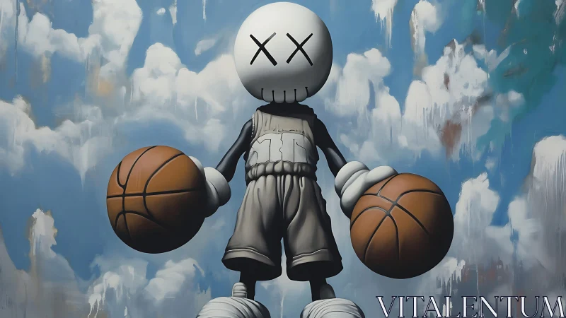 Monochrome vinyl mascot guards twin basketballs in skyspace.