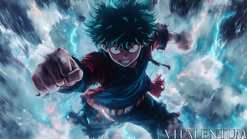 Sky-shattering anime hero rockets through stormfire clouds.