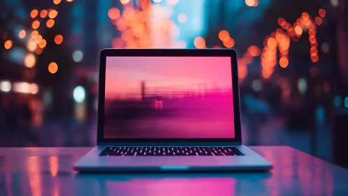 Laptop computer on reflective surface in blurred urban setting