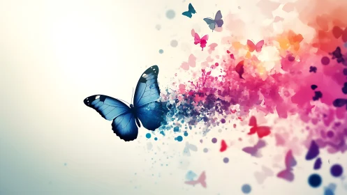 Blue butterfly with abstract multicolor particle trail.