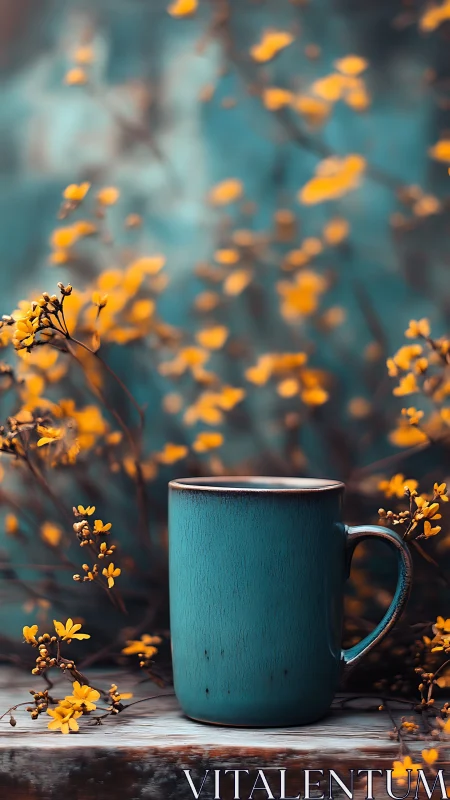 Teal ceramic mug amid yellow blossoms in soft bokeh garden.