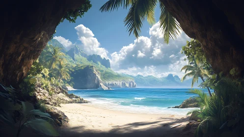 Tropical Cave Frame Reveals Pristine Coastal Beach and Verdant Archipelago
