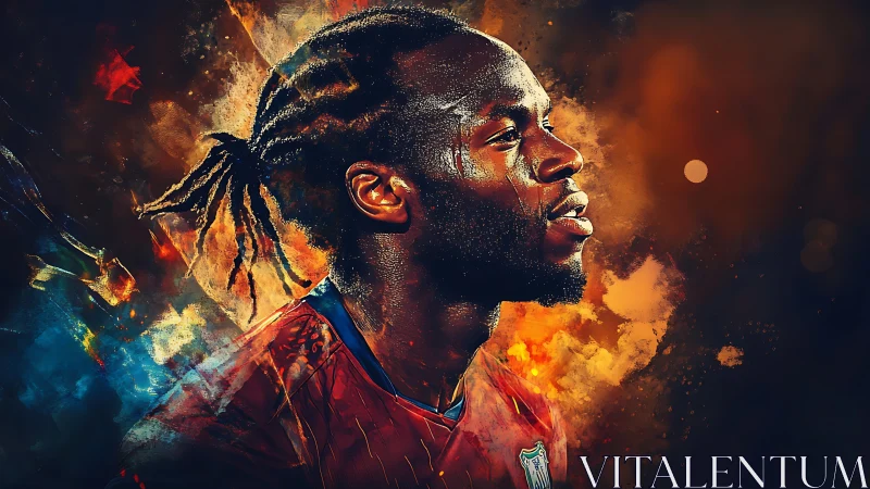 Digital painting portrait of focused athlete in fiery motion blur.