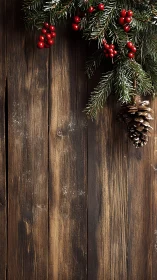 Rustic holiday greenery with berries on warm wood backdrop.