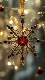 Golden snowflake ornament with ruby glass gemstone glow.