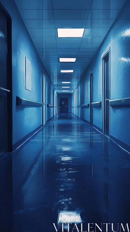 Sterile hospital corridor with blue fluorescent lighting and glossy floor