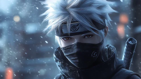 Calm masked ninja in the snow with watchful, steady eyes.