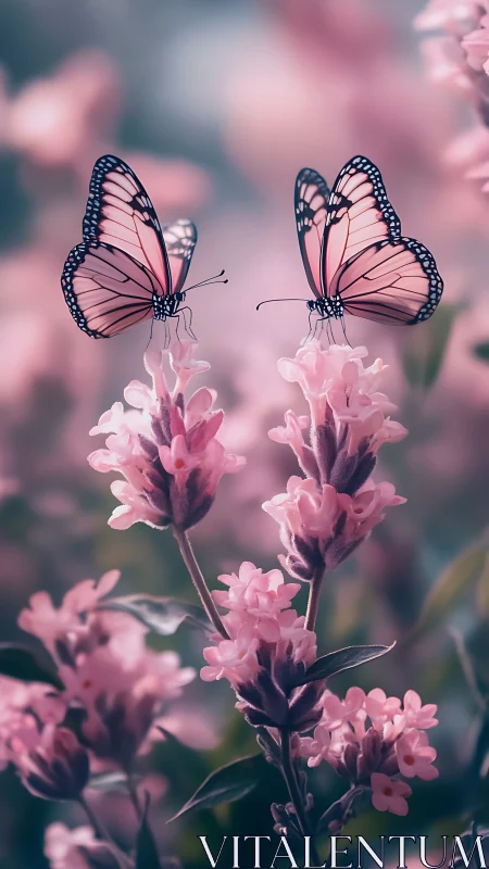 Pastel butterflies poised on pink blossoms in soft bokeh.