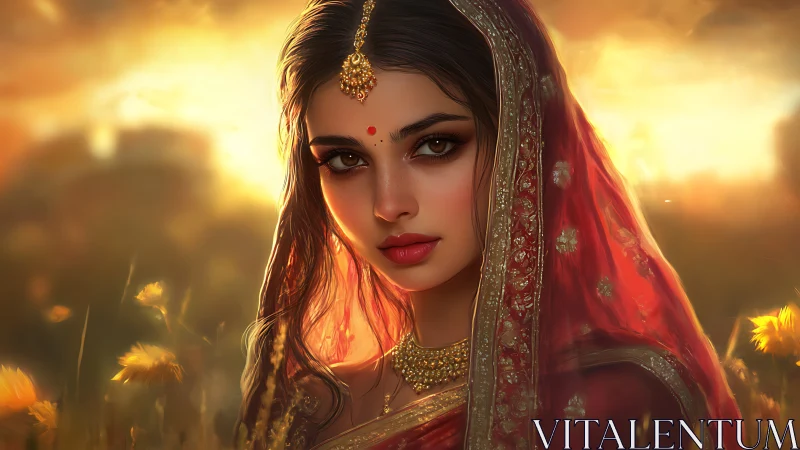 Digital portrait of woman in red sari at sunset field.