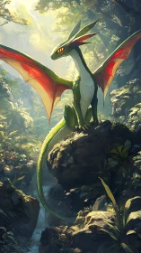 Bioluminescent forest wyvern perched above misted ravine