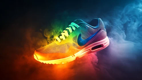 Photorealistic sneaker product render in neon vapor gradient light.