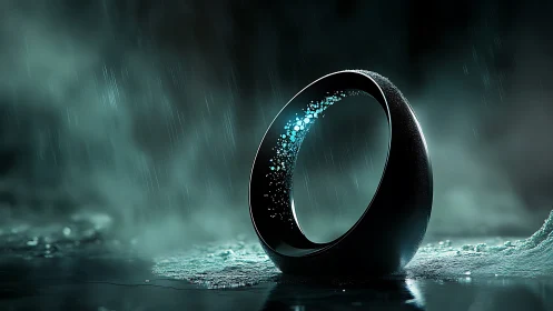 Rainlit cosmic ring arches through mist and scattered starlight.