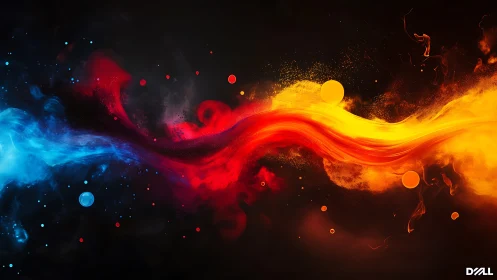 Energetic red, blue, and yellow abstract swirl on black background.