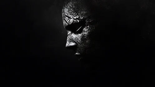 Cracked stone face emerges from deep monochrome shadow.