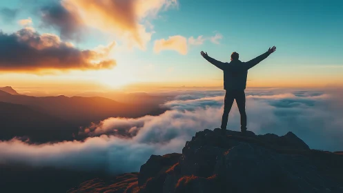 Hiker celebrates sunrise on mountain peak above glowing clouds.