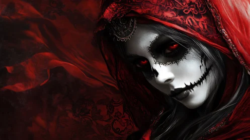 Scarlet-veiled skull maiden gazes with eerie crimson eyes