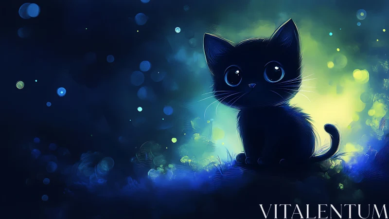 Silhouetted Black Feline With Luminous Blue Eyes in Ethereal Particle Environment