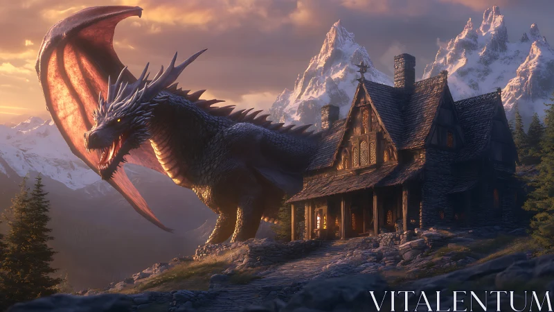 Twilight mountain dragon guarding a lantern-lit stone lodge.