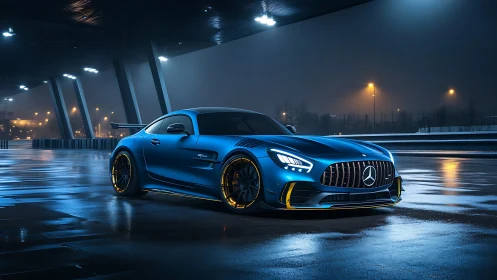Midnight blue supercar prowls through rain glazed tarmac