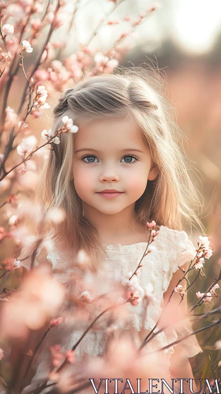 Young Girl Among Blossoms in Soft Golden Light.