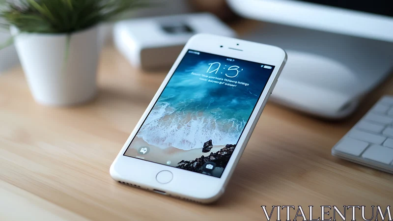 White smartphone on wooden desk displaying lock screen at 12:55