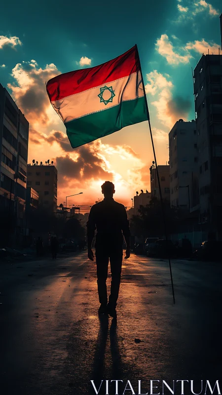 Silhouetted figure walks under large tricolor flag at sunset