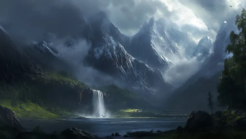 Storm-lit mountain valley frames a luminous waterfall sanctuary