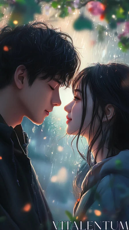 Rainlit foreheads meet as young hearts rehearse a first kiss