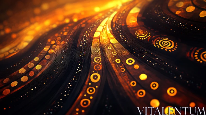 Curved golden lines and circular patterns on dark surface.