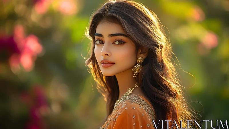 Sunlit portrait of elegant woman in golden-hour garden.