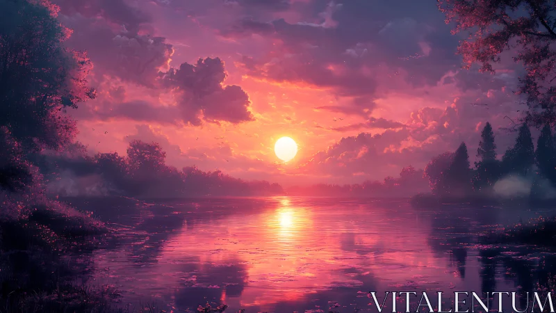 Glowing sunset settles gently over a calm reflective lake