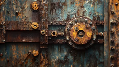 Rusted steel vault door with circular locking mechanism