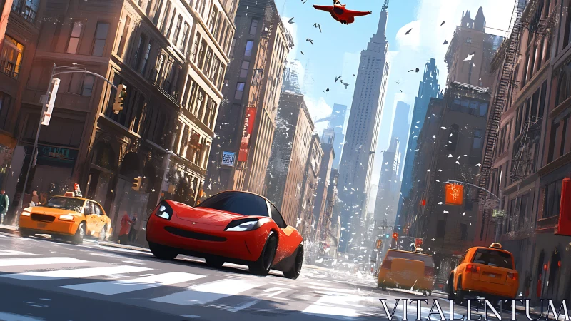 Red electric sports car in dynamic New York street scene