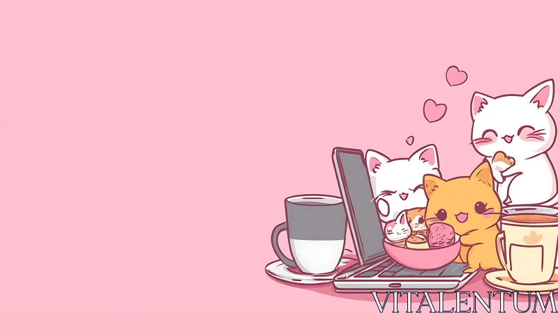 Cute Cats with Coffee and Gadgets in Pink Workspace.