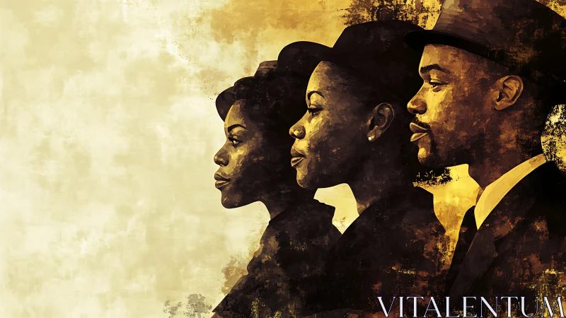 Textured side-profile triptych of three elegant figures in hats