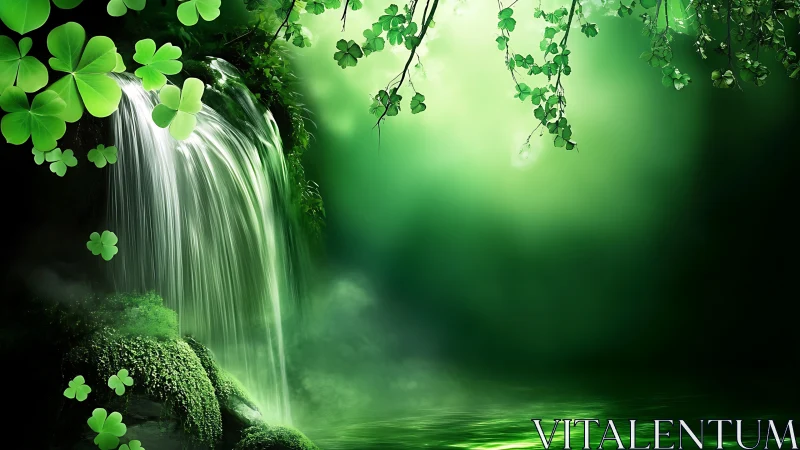 Emerald forest waterfall cascades beside glowing clover pool