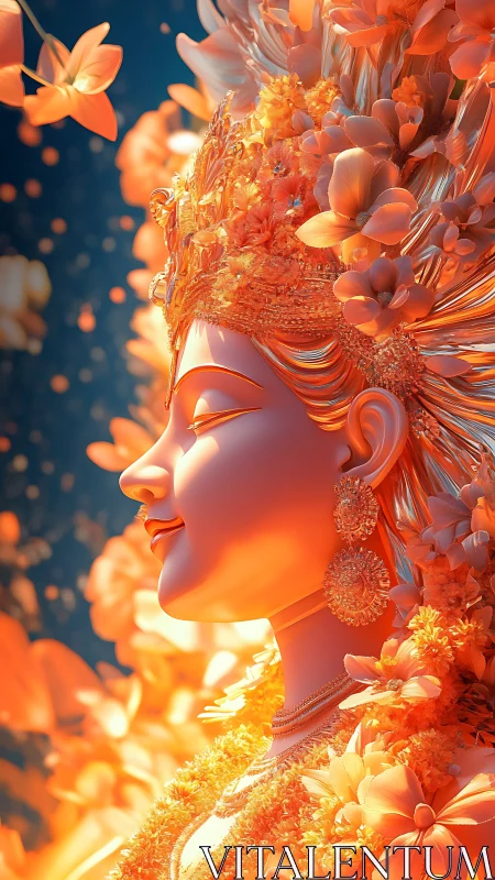 Radiant floral goddess profile bathed in golden light.