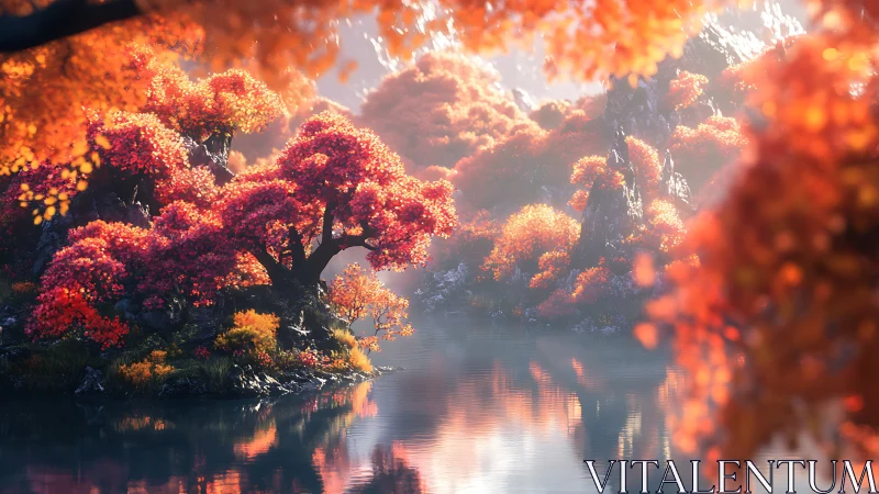 Radiant volumetric forest island reflected in tranquil lake.