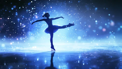 Silhouette ice skater performing spin on glowing rink.