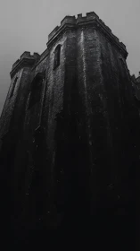 Stone fortress corner under overcast sky in low light tone.