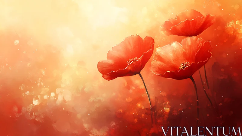 Sunburst poppies drift through glowing abstract twilight.