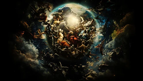 Celestial battle encircling Earth in radiant cosmic storm.