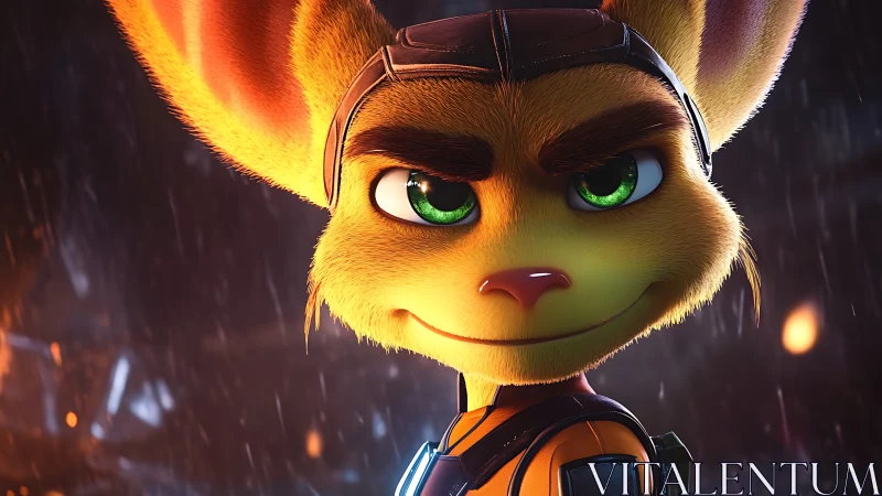 Anthropomorphic fox hero smirks under neon rain at night.