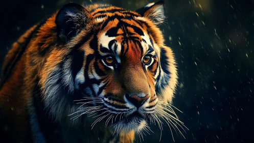 Majestic tiger portrait under rain with dramatic lighting.