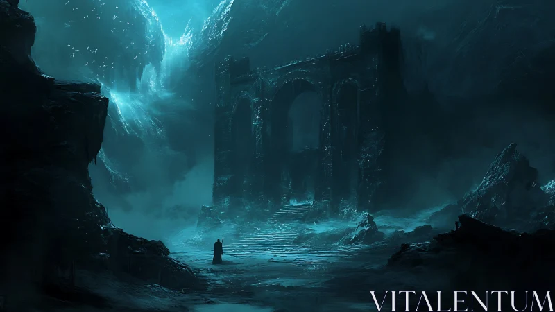 Lone traveler approaches a misty ancient gate of shadows